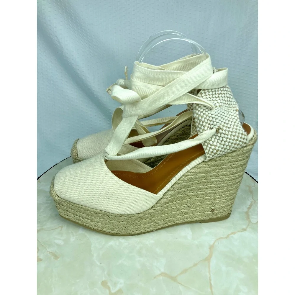 Polo Ralph Lauren Canvas Lace Up Espadrille Wedge Sandals Womens Sz 9 Ivory NWT